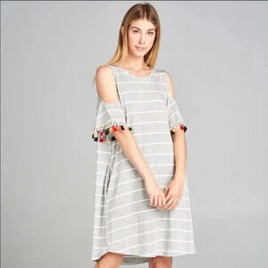New Cotton Bleu Striped and Multi colored Tassels Cold Shoulder Dress Size M